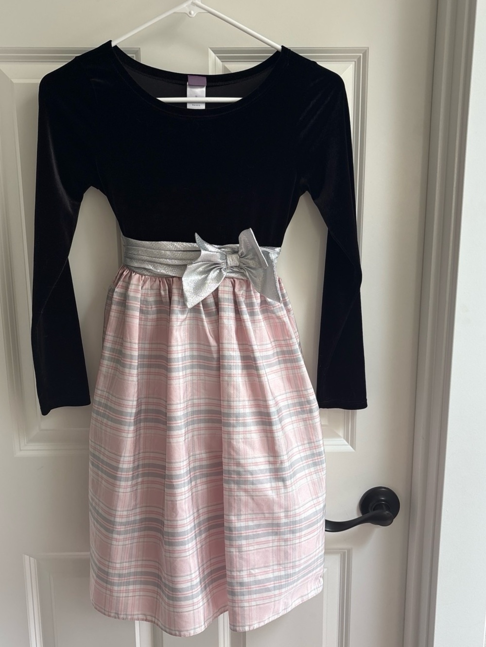 Dollie & Me Black Velvet Top Pink Plaid Skirt Dress with Silver Bow